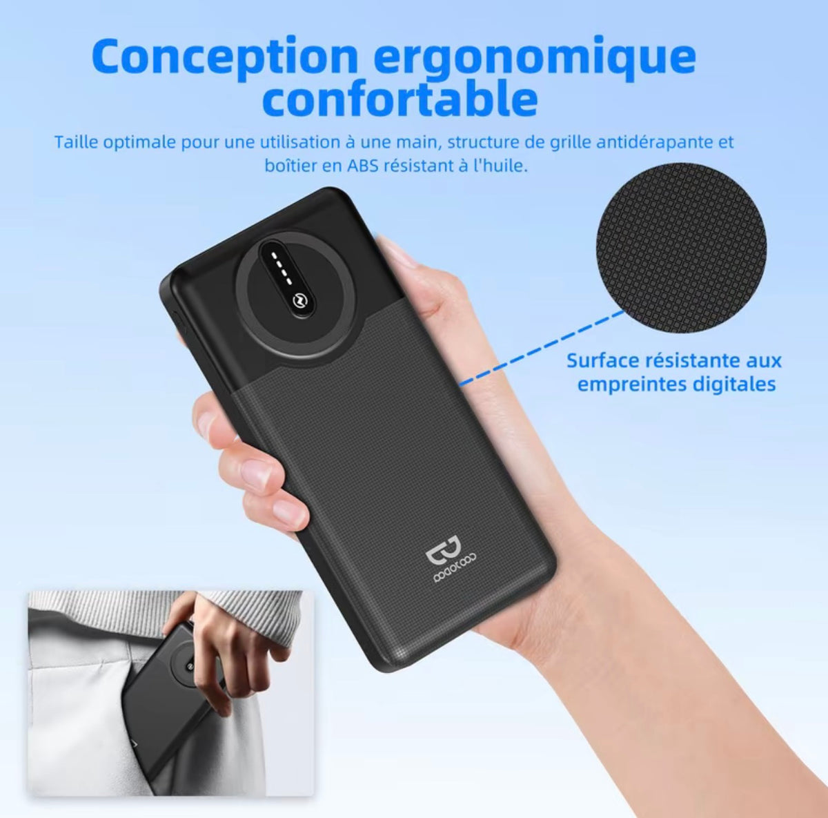 GOOJODOQ AD4034 batterie externe de 10 000 mAh avec charge rapide sans fil, portable et légère, avec lumière indicateur, universellement compatible avec iPhone et appareils iOS, sûre et fiable