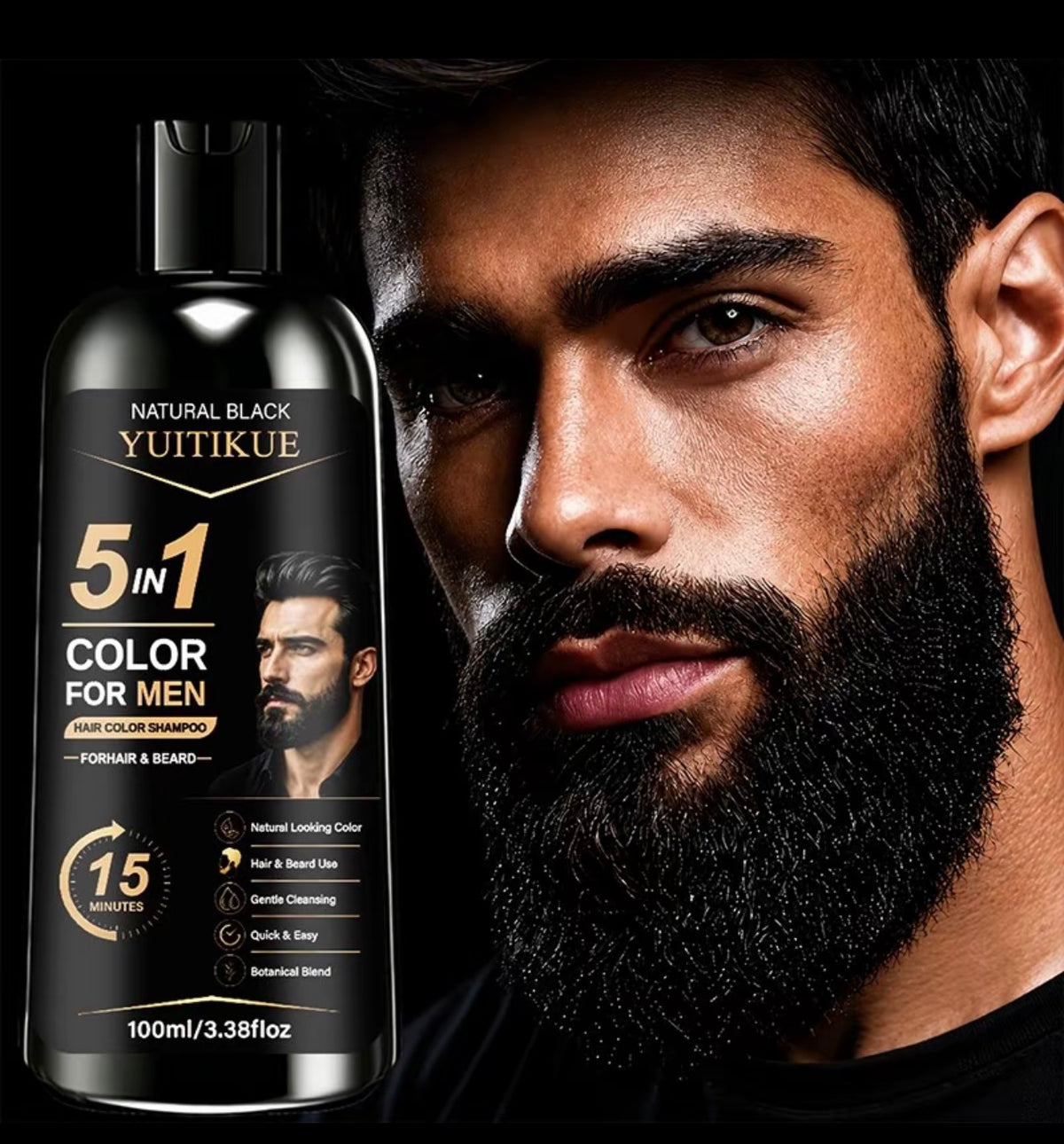 Shampooing colorant pour hommes Yuitikue, 100 ml, coloration rapide, nettoyage doux, couvre les cheveux, convient aux cheveux et à la barbe, application soi-même