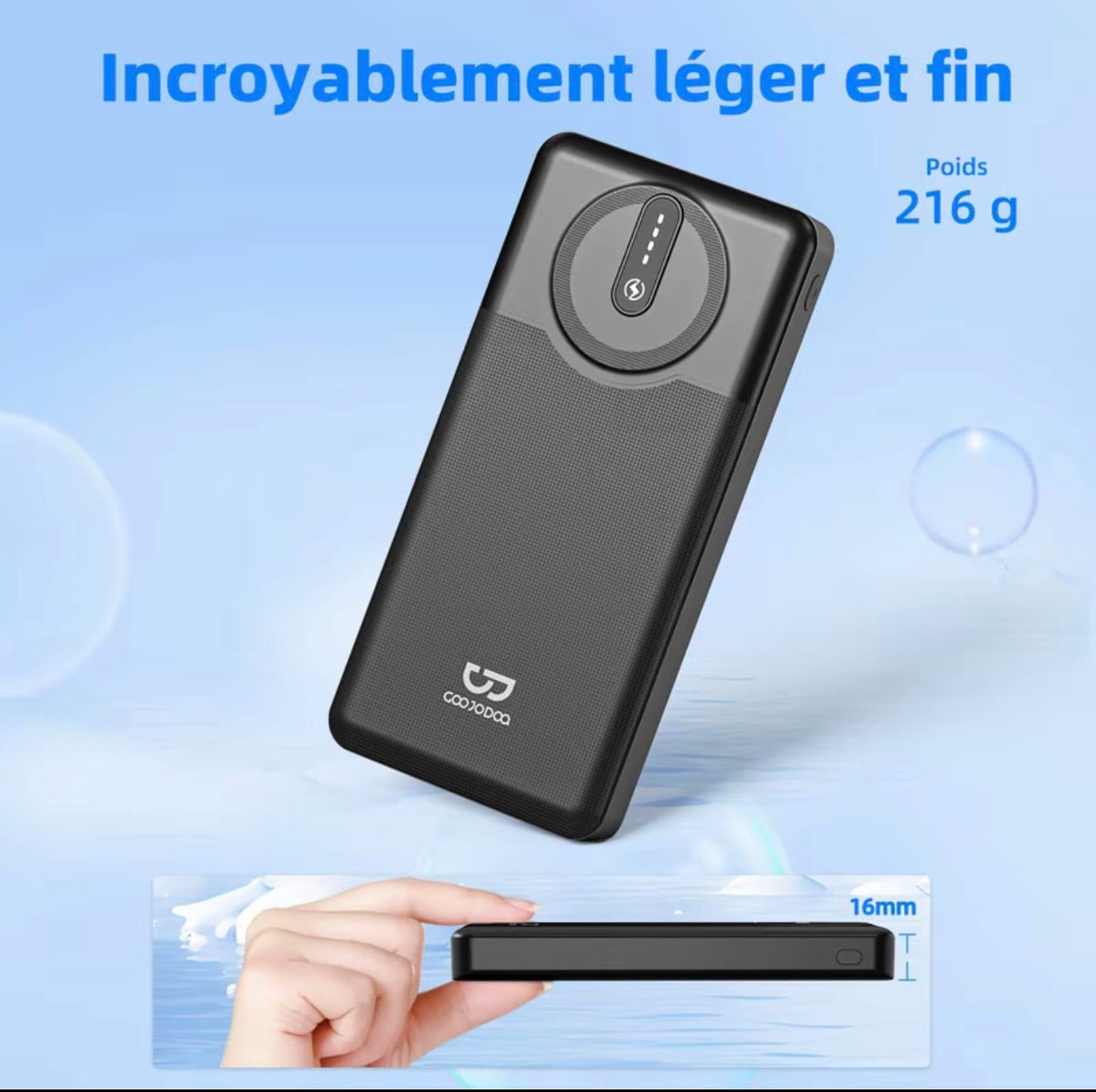 GOOJODOQ AD4034 batterie externe de 10 000 mAh avec charge rapide sans fil, portable et légère, avec lumière indicateur, universellement compatible avec iPhone et appareils iOS, sûre et fiable