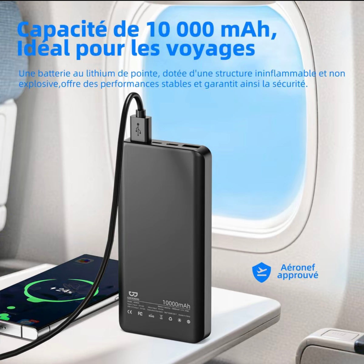 GOOJODOQ AD4034 batterie externe de 10 000 mAh avec charge rapide sans fil, portable et légère, avec lumière indicateur, universellement compatible avec iPhone et appareils iOS, sûre et fiable