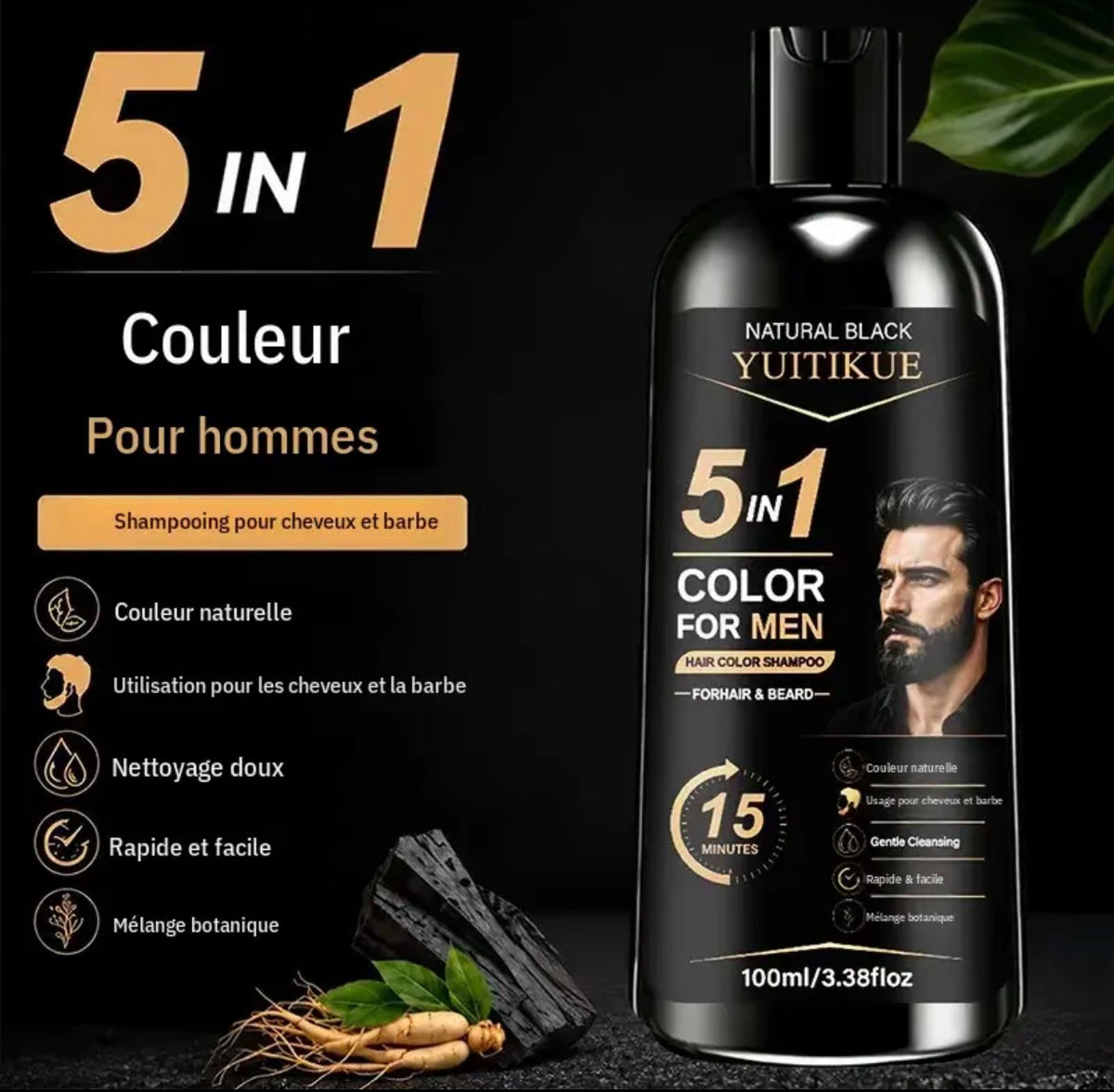 Shampooing colorant pour hommes Yuitikue, 100 ml, coloration rapide, nettoyage doux, couvre les cheveux, convient aux cheveux et à la barbe, application soi-même