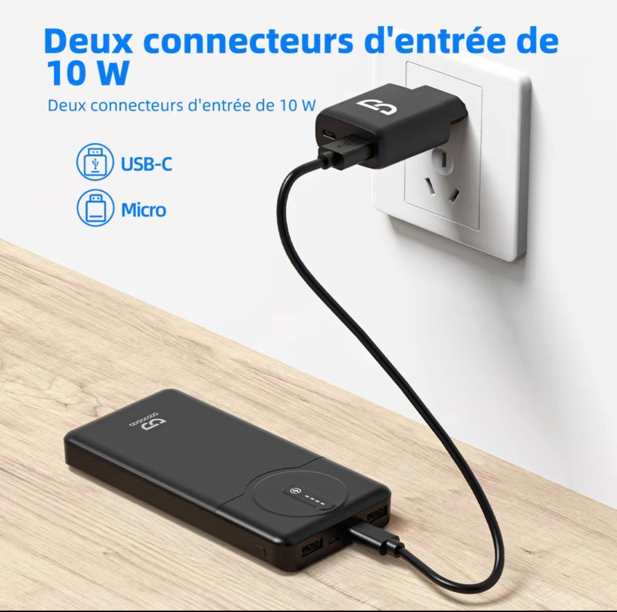 GOOJODOQ AD4034 batterie externe de 10 000 mAh avec charge rapide sans fil, portable et légère, avec lumière indicateur, universellement compatible avec iPhone et appareils iOS, sûre et fiable