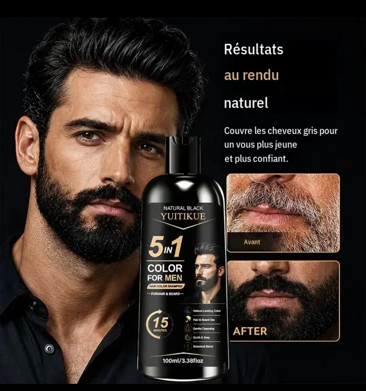 Shampooing colorant pour hommes Yuitikue, 100 ml, coloration rapide, nettoyage doux, couvre les cheveux, convient aux cheveux et à la barbe, application soi-même