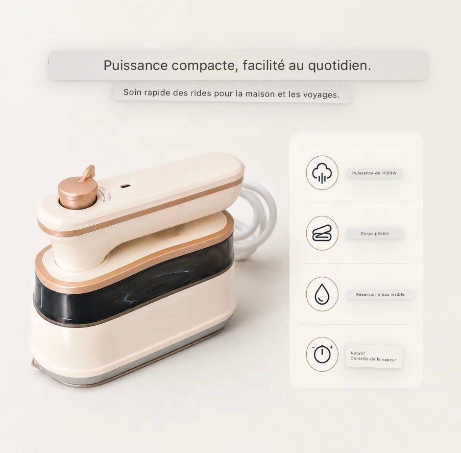 Défroisseur Vapeur Portable 1000 W, Fer à Repasser à Vapeur avec Réservoir 160 ml, Poignée Rotative, Mode Vapeur et Repassage à Sec, Compact pour Maison et Voyage - ZQ-1005