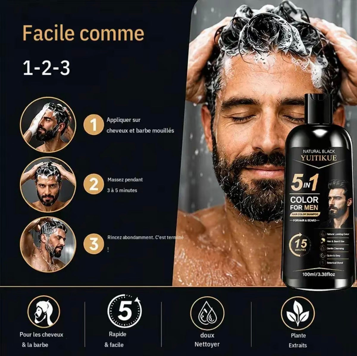 Shampooing colorant pour hommes Yuitikue, 100 ml, coloration rapide, nettoyage doux, couvre les cheveux, convient aux cheveux et à la barbe, application soi-même